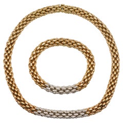 Vintage 18k Gold and Diamond Tubular Necklace and Bracelet Set
