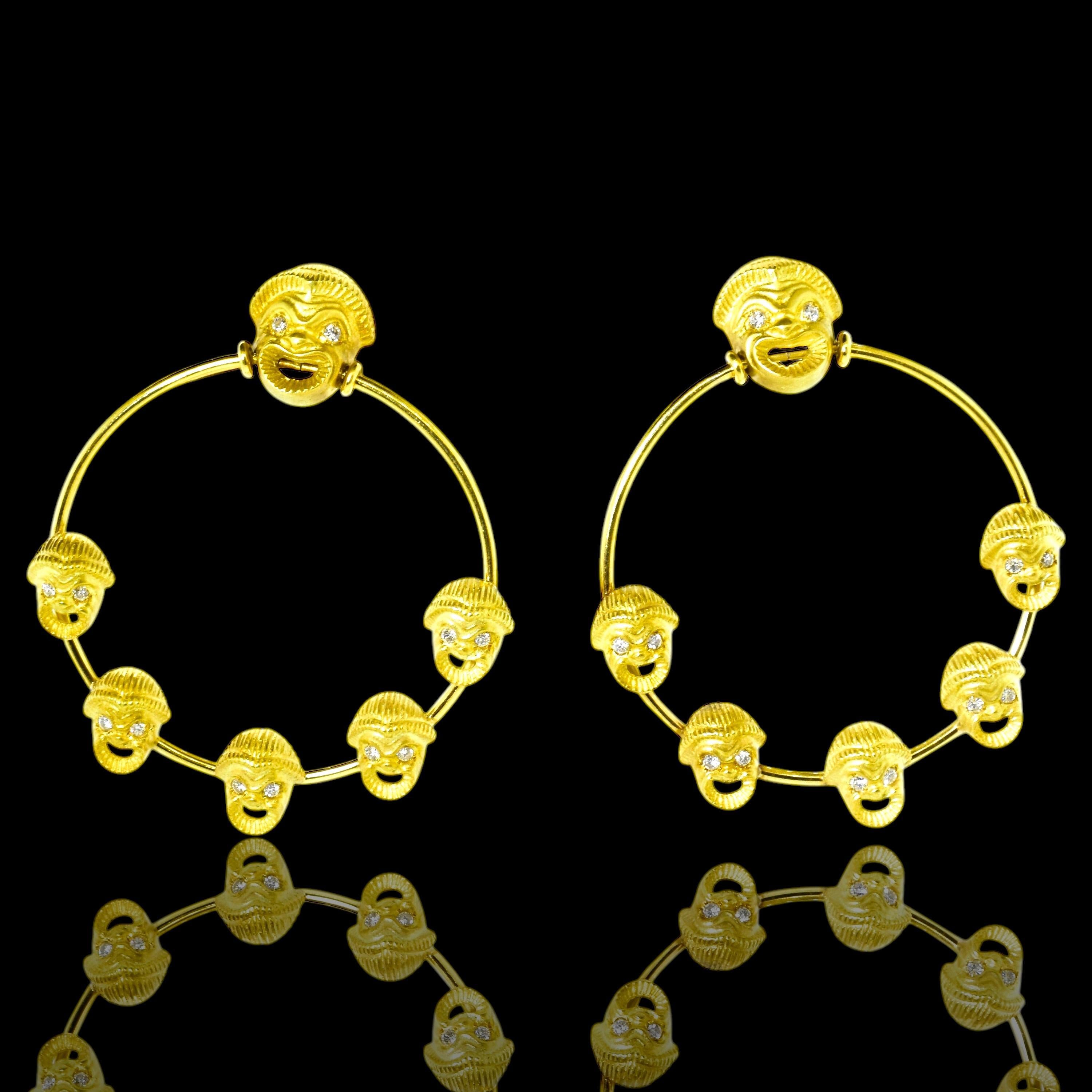 Each of these vintage comedy mask earrings has 6 masks and each mask is set with diamond eyes - adding an interest to each face. In all, the diamonds weigh .48 cts. These diamonds are all brilliant-cut, G/H in color, and very slightly included (VS).