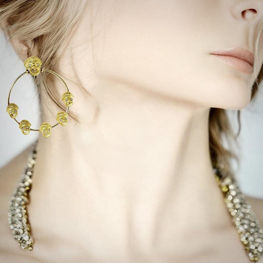 Brilliant Cut 18K Gold and Diamond Unusual 'Comedy Mask' Motif Earrings For Sale