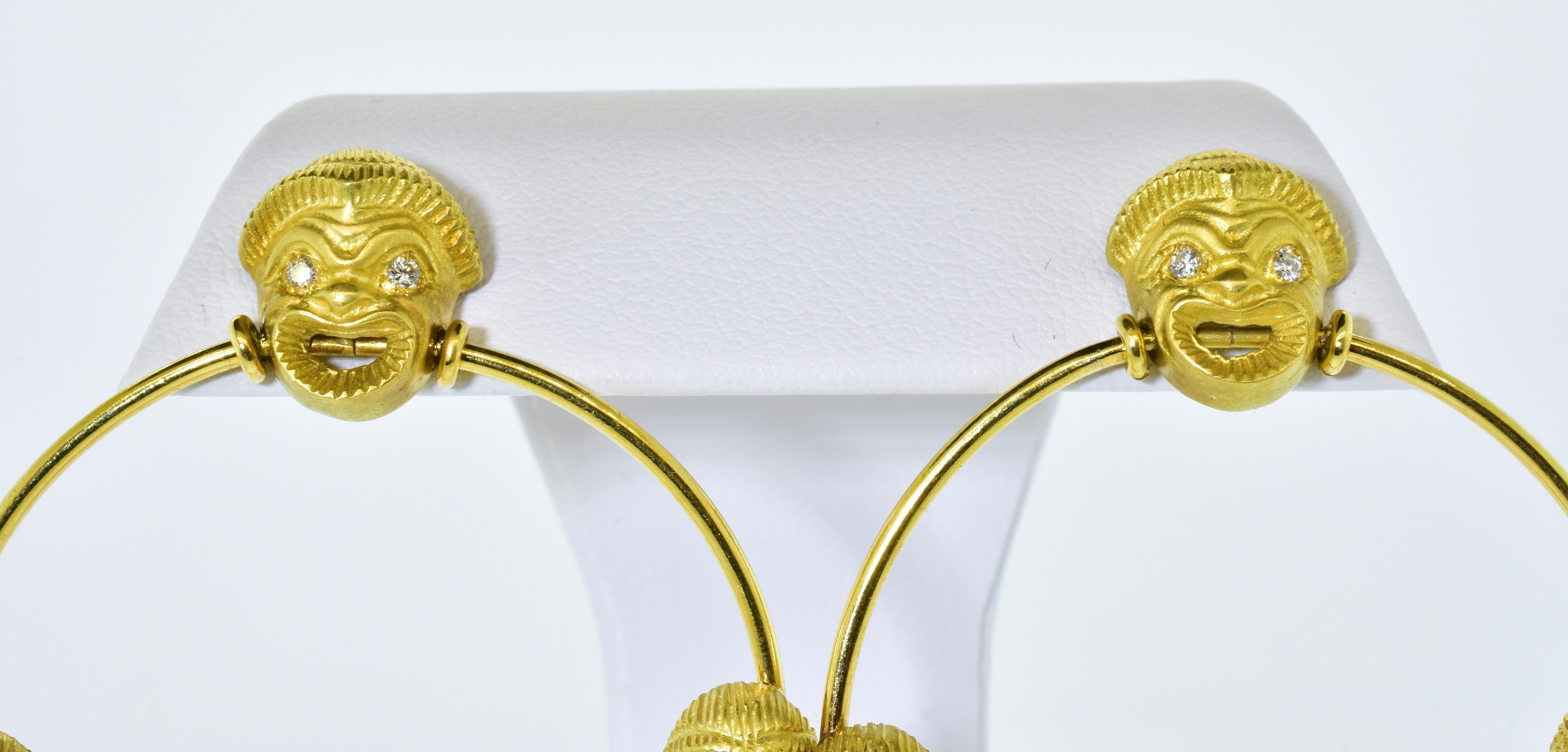 18K Gold and Diamond Unusual 'Comedy Mask' Motif Earrings For Sale 1