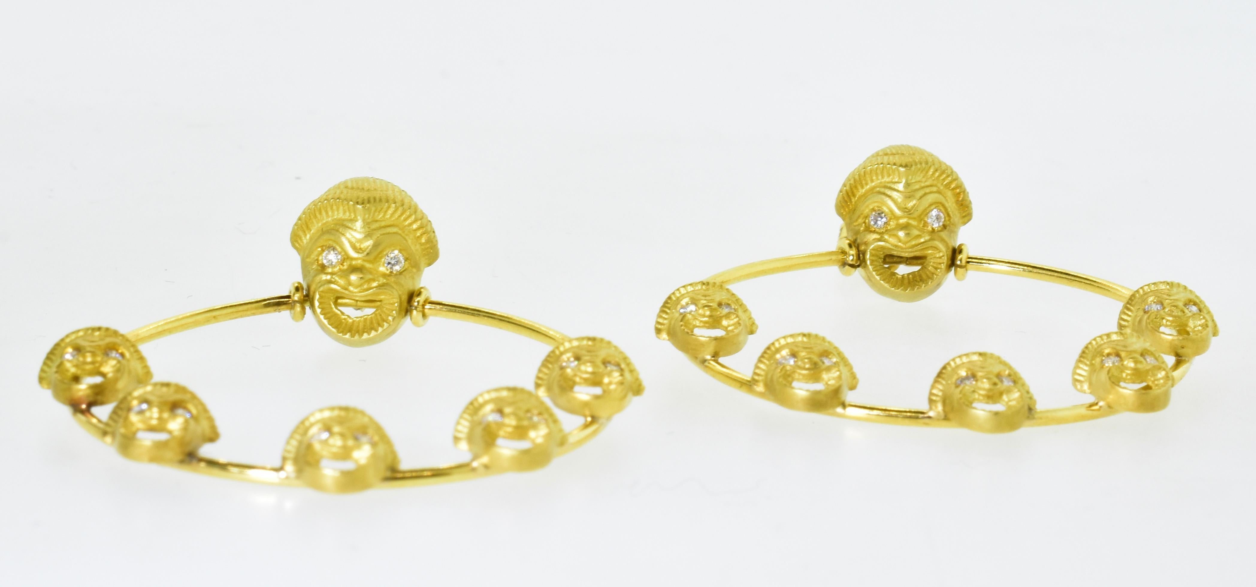 18K Gold and Diamond Unusual 'Comedy Mask' Motif Earrings For Sale 4
