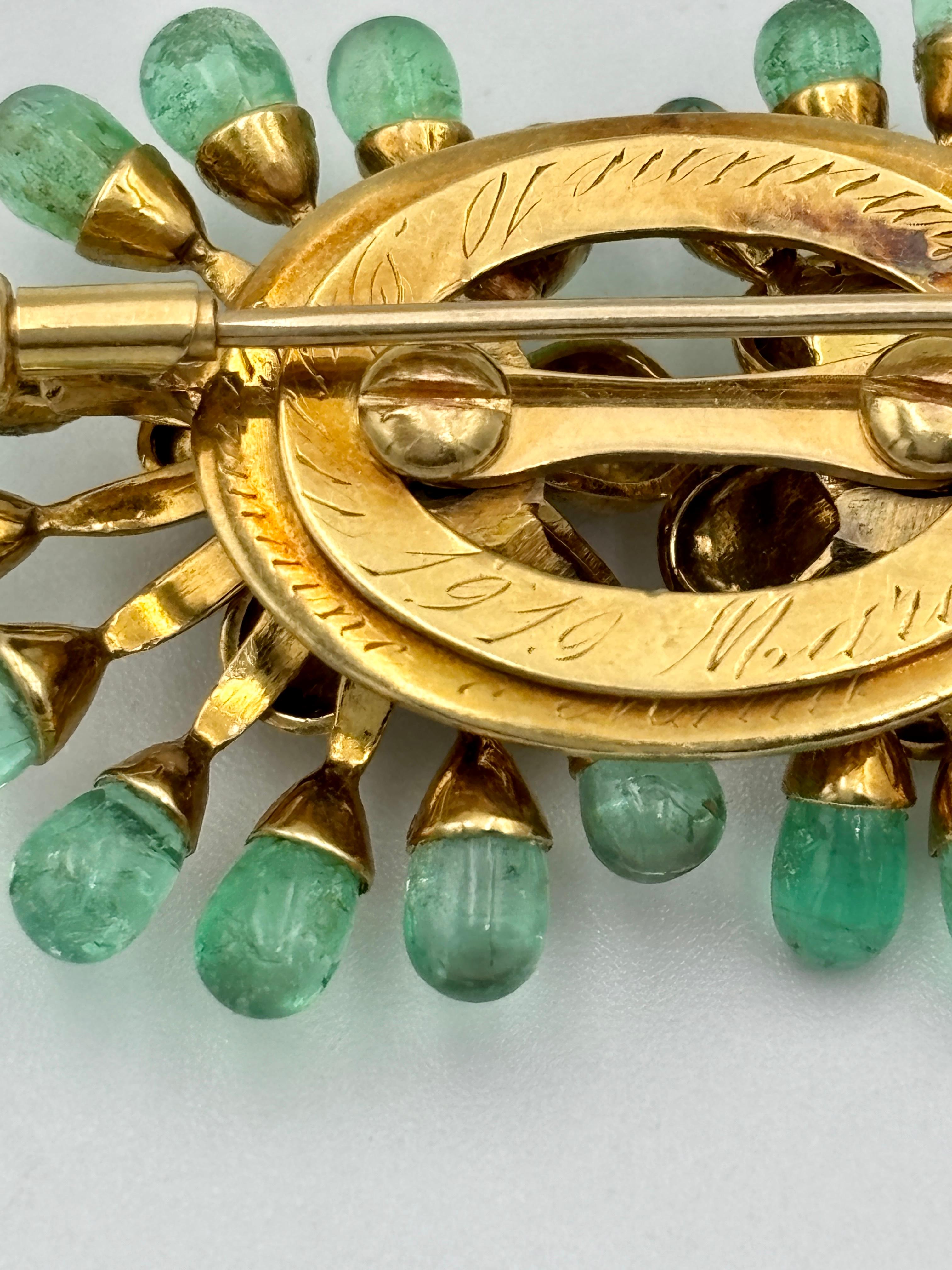 Bead 18k gold and emerald drop Lacloche brooch dated 1919 For Sale