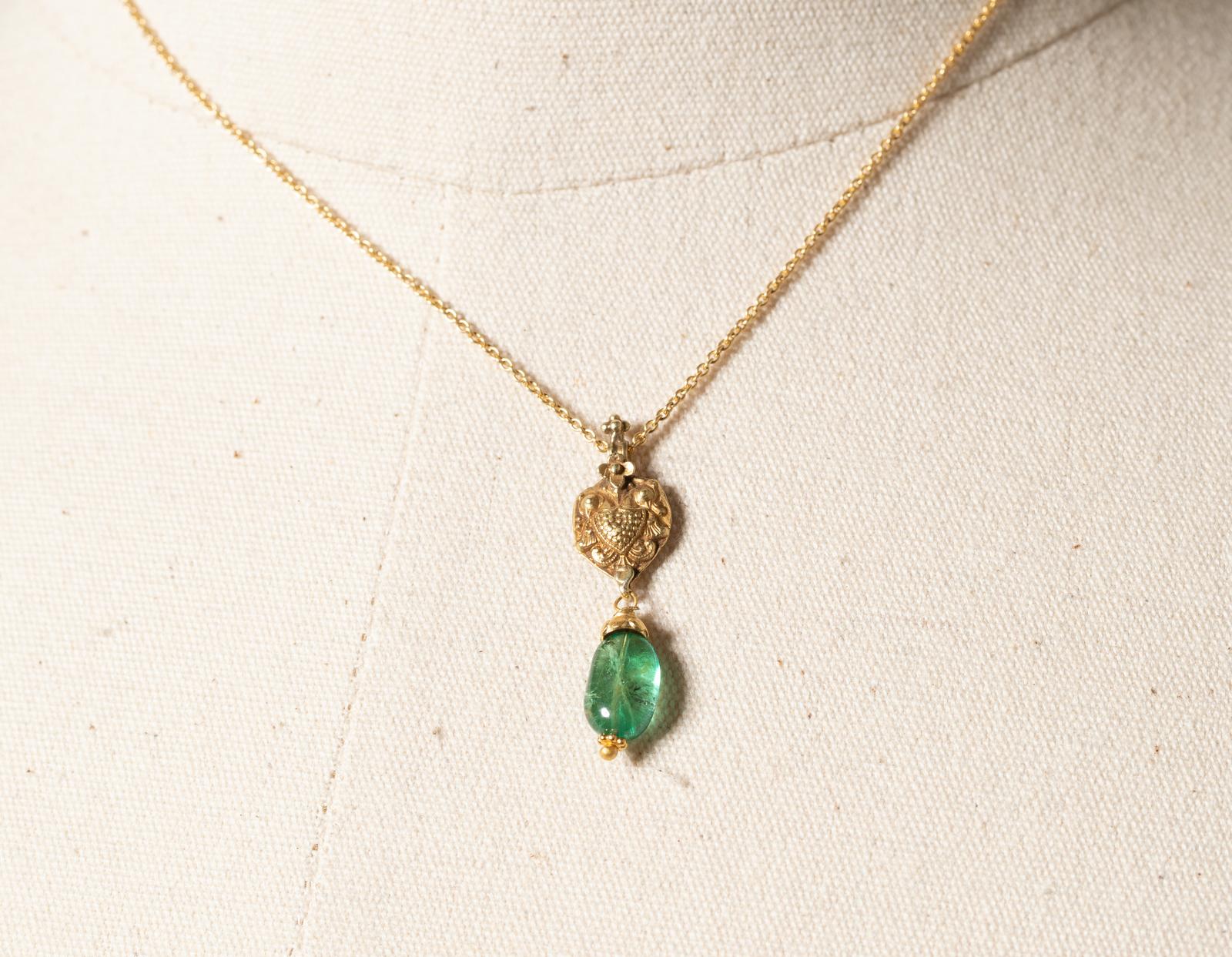 Tumbled 18K Gold and Emerald Drop Necklace