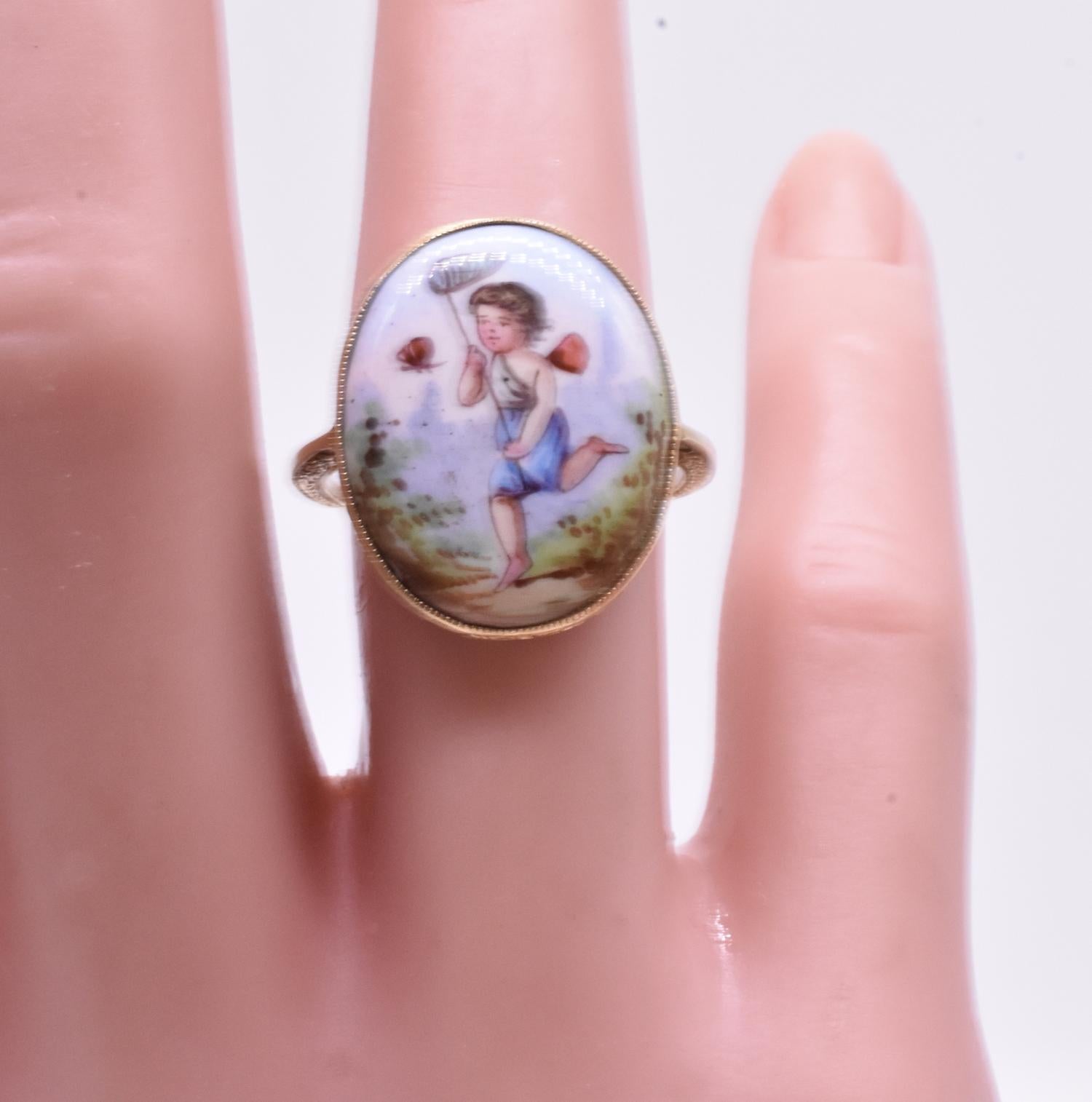Victorian 18 Karat Gold and Enamel Cupid and Psyche Allegory Ring