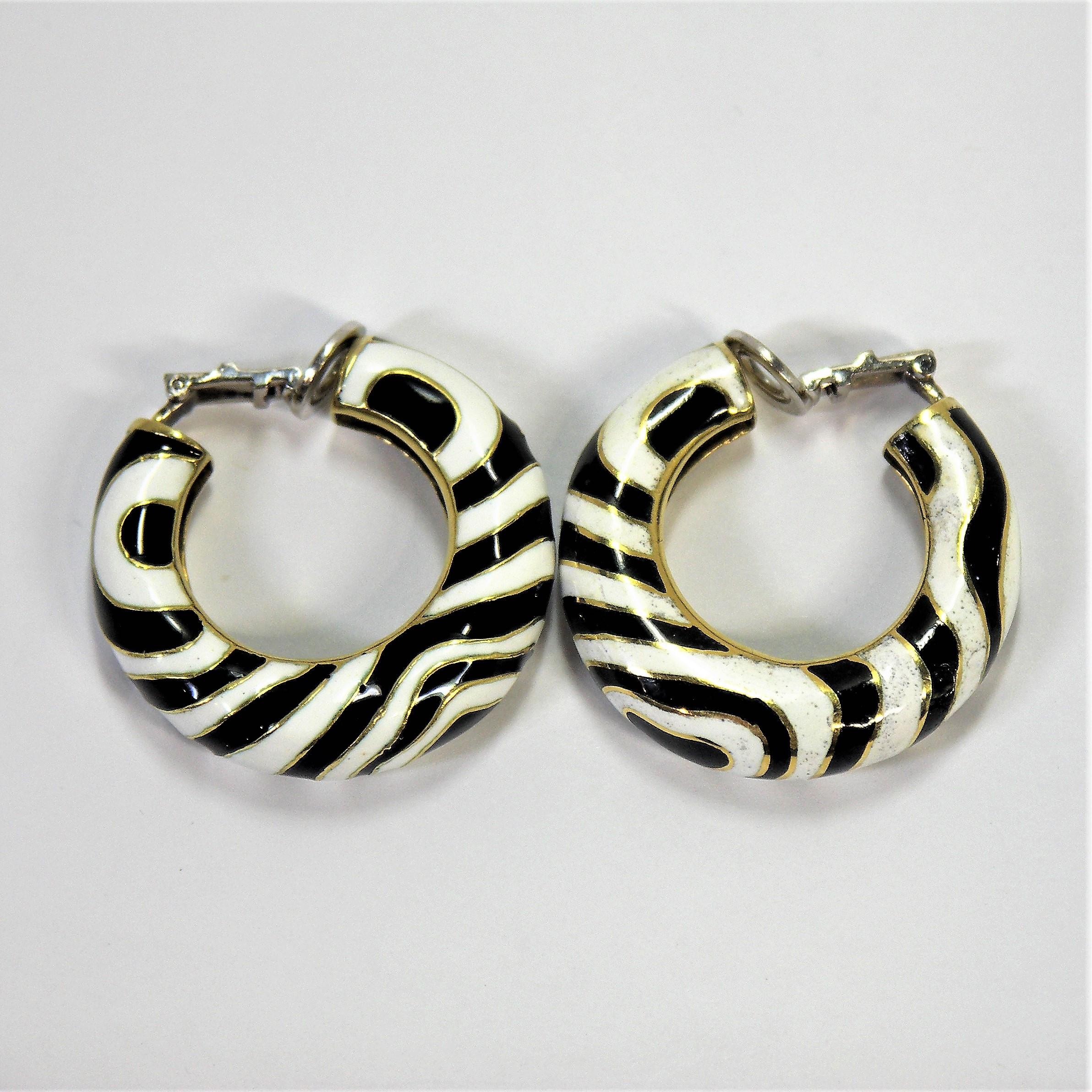 Women's 18 Karat Gold and Enamel Zebra Striped Clip on Hoop Earrings