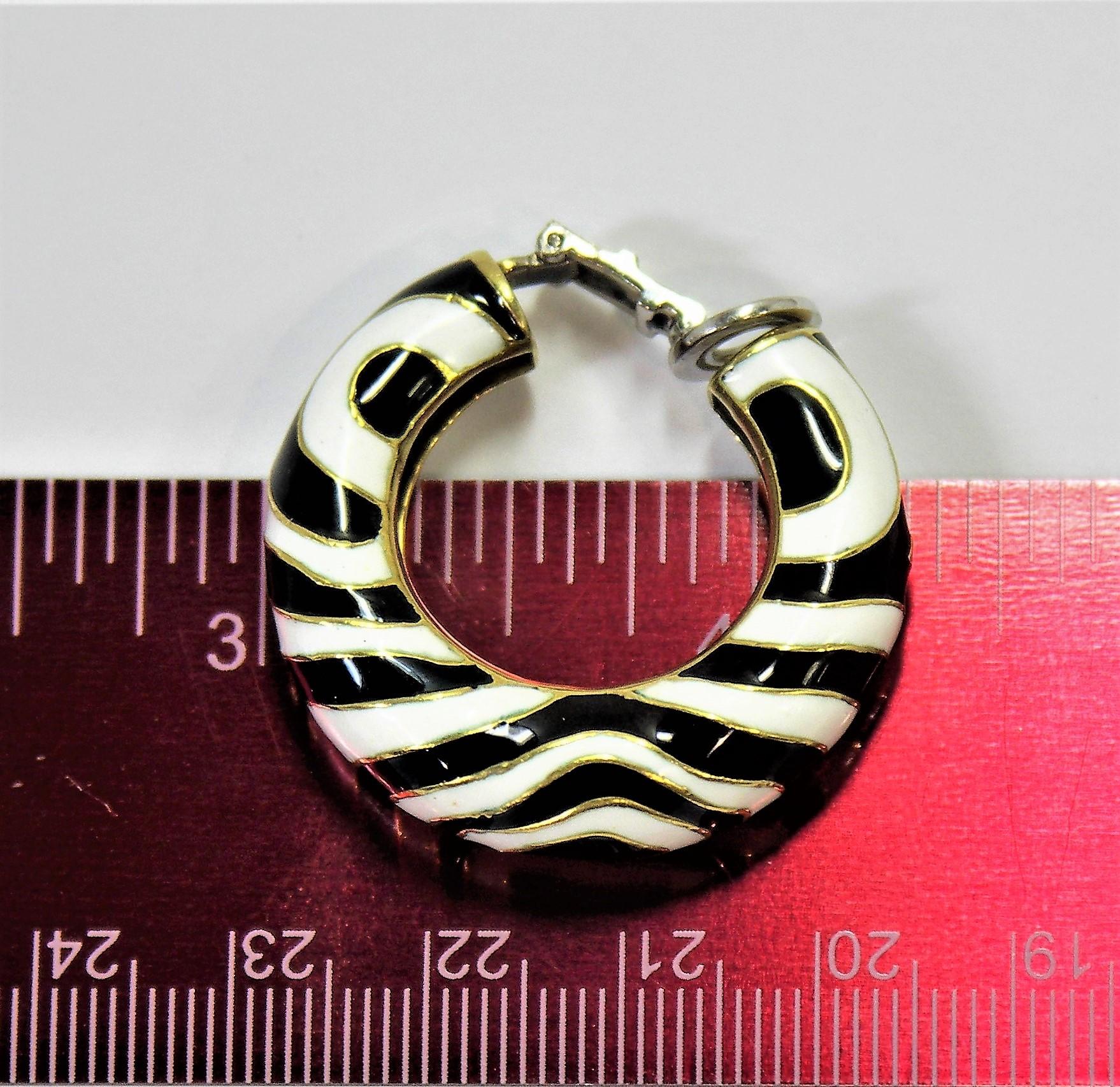 18 Karat Gold and Enamel Zebra Striped Clip on Hoop Earrings 1
