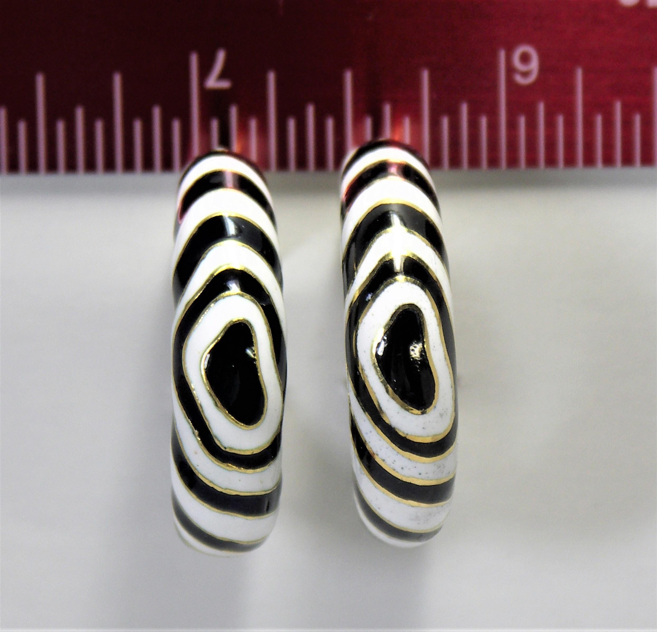 18 Karat Gold and Enamel Zebra Striped Clip on Hoop Earrings 2