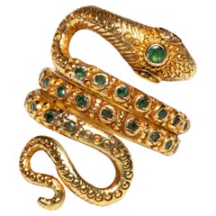 18K Gold and Faceted Emeralds Coiled Snake Ring