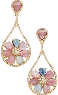 18k Gold and Gemstone Cabochon Flower Earrings with 2.00 Carat Diamonds