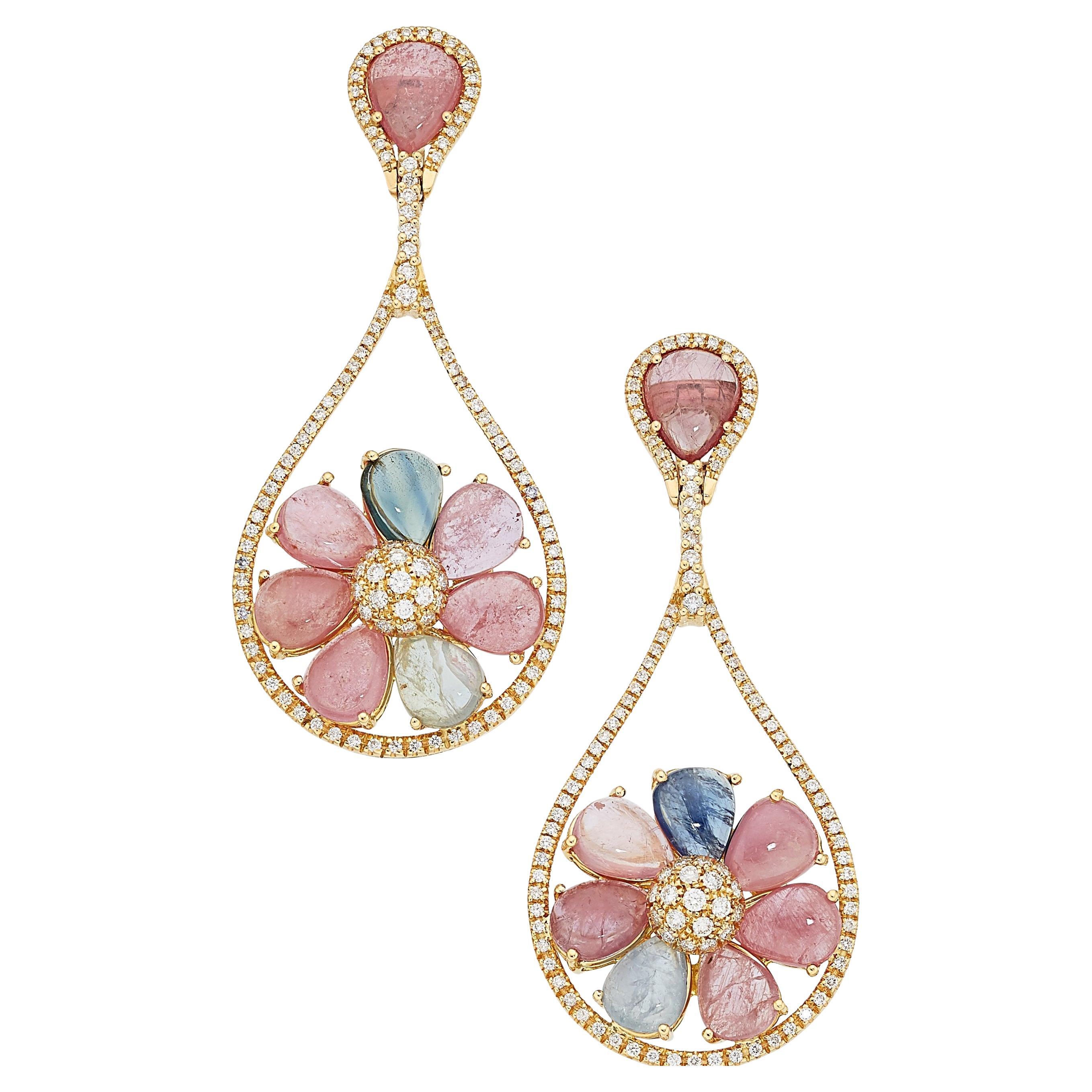 Orecchini con fiori cabochon in oro 18k e pietre preziose con diamanti da 2,00 carati in vendita