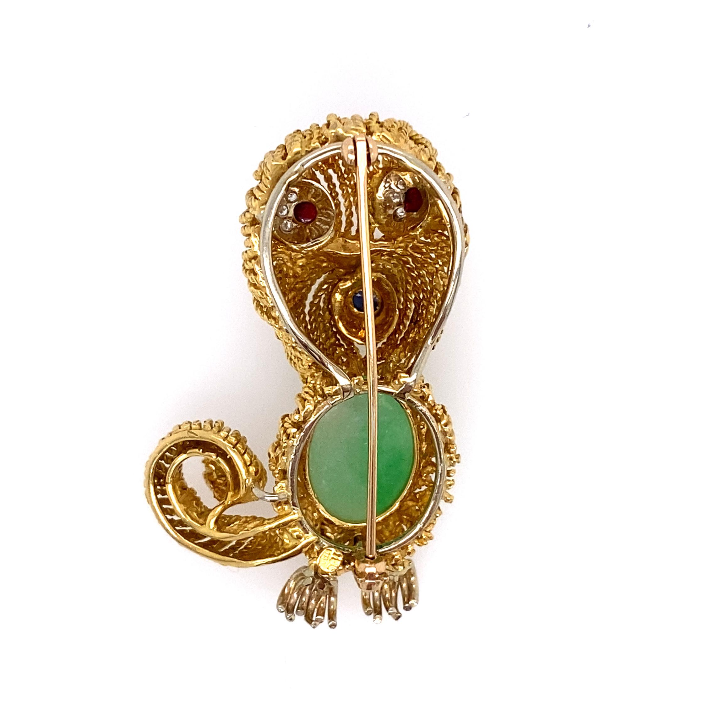 18k Gold and Jade Squirrel Brooch 
It has eyes that are cabochon ruby an diamond and nose that is cabochon sapphire. 
Jade measurements is 11.68 mm x 15.46 mm 
Brooch measurements Length from the tale 1.13 inches x 1.58 inches 
Length  from head is