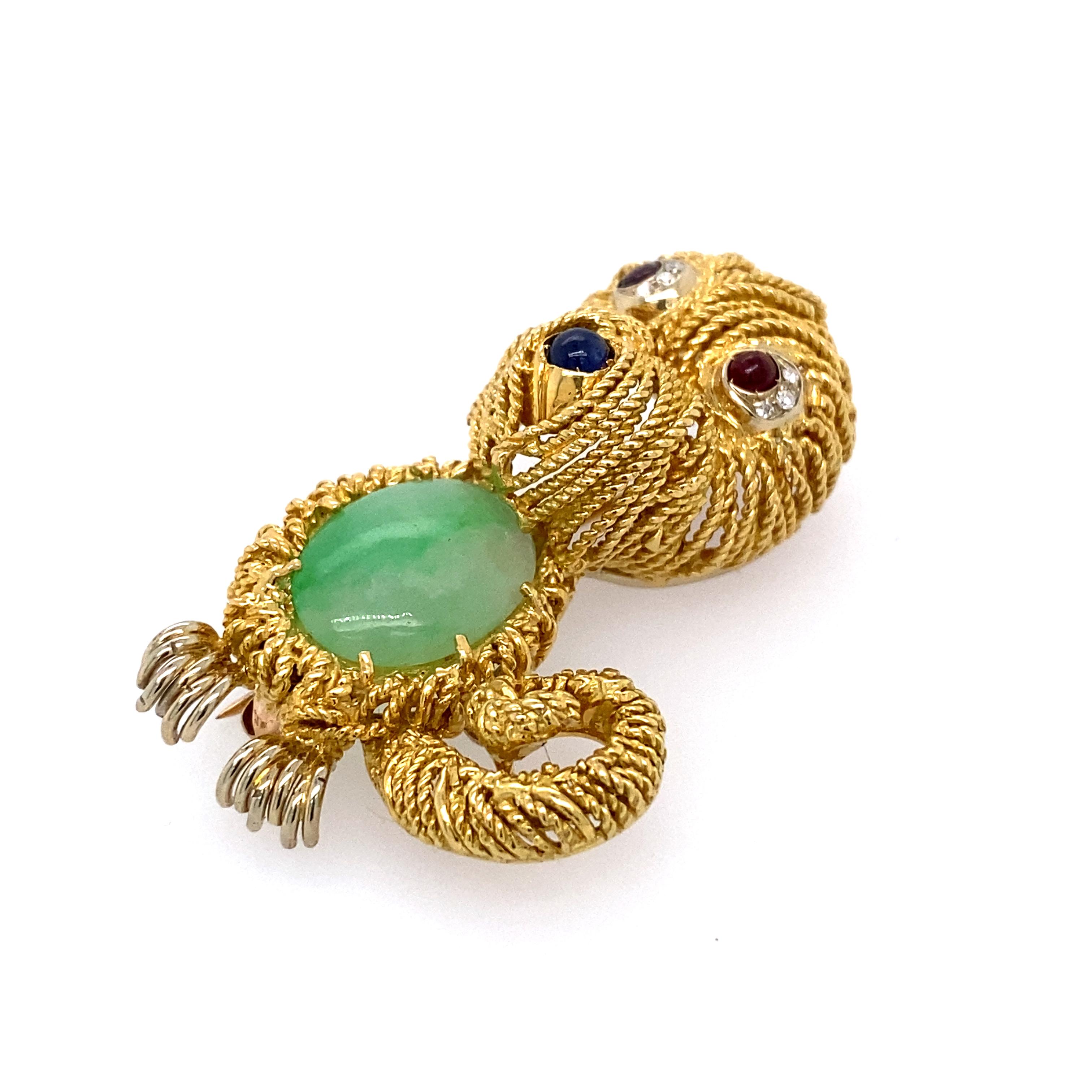Contemporary 18k Gold and Jade Squirrel Brooch For Sale