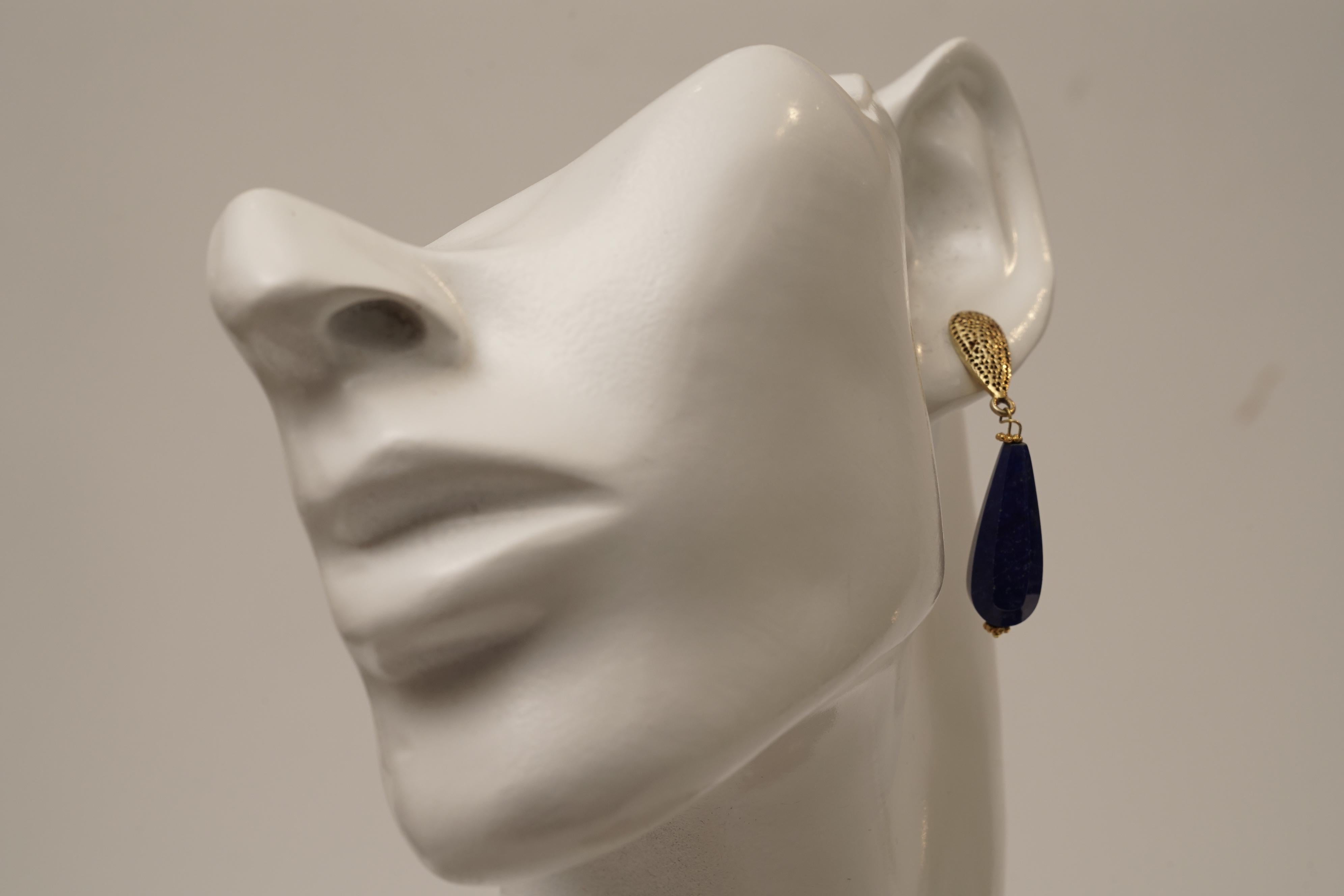 Women's or Men's 18 Karat Gold and Lapis Lazuli Drop Dangle Earrings For Sale