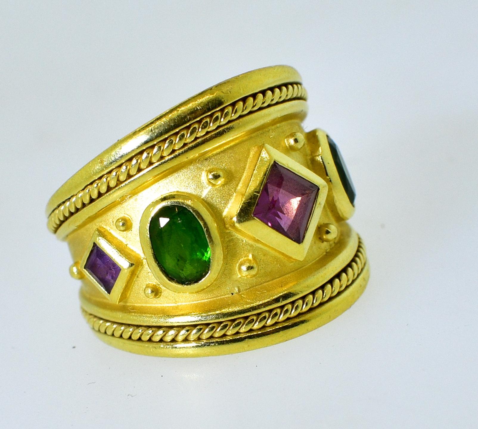 18K gold possessing 3 square cut  bright pink tourmaline and two oval bright green tourmaline.  This well made modern ring is a size 6.5.  The 3 square natural  pink tourmalines and the 2 bright green natural tourmalines weigh approximately 2.0 cts.