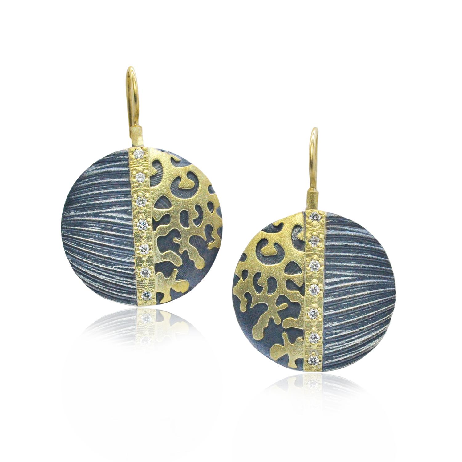 Artisan 18k Gold and Oxidized Silver Cheetah Print Disc Drop Earrings with Diamonds For Sale