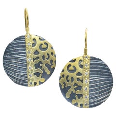 18k Gold and Oxidized Silver Cheetah Print Disc Drop Earrings with Diamonds