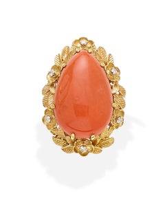 18k Gold and Pear-shaped Coral Cabochon Ring with Diamond Accents, Size 8.75