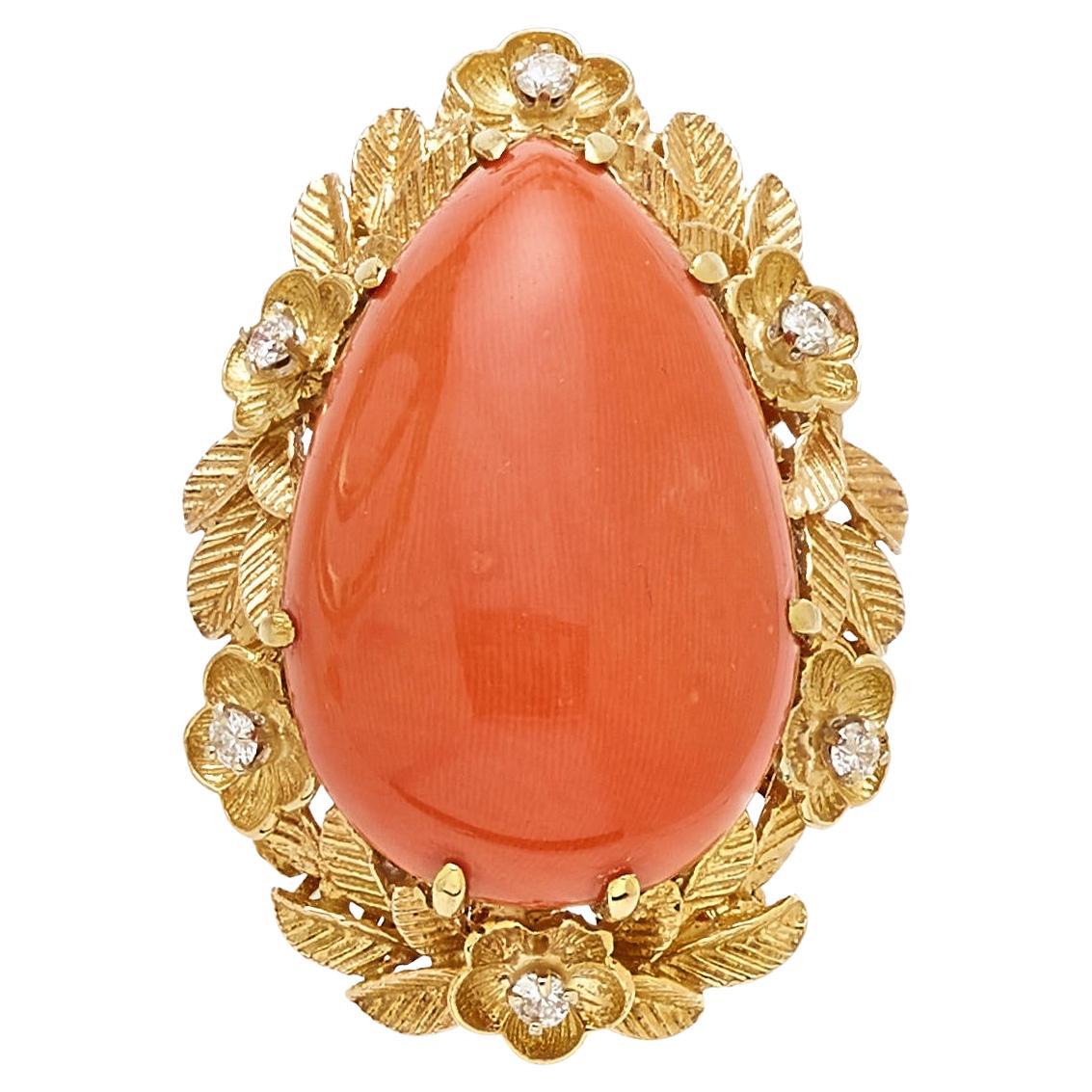 18k Gold and Pear-shaped Coral Cabochon Ring with Diamond Accents, Size 8.75