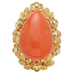 18k Gold and Pear-shaped Coral Cabochon Ring with Diamond Accents, Size 8.75