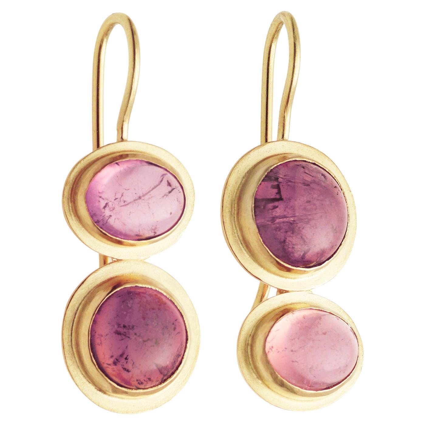 18k Gold and Pink Tourmaline Earrings For Sale