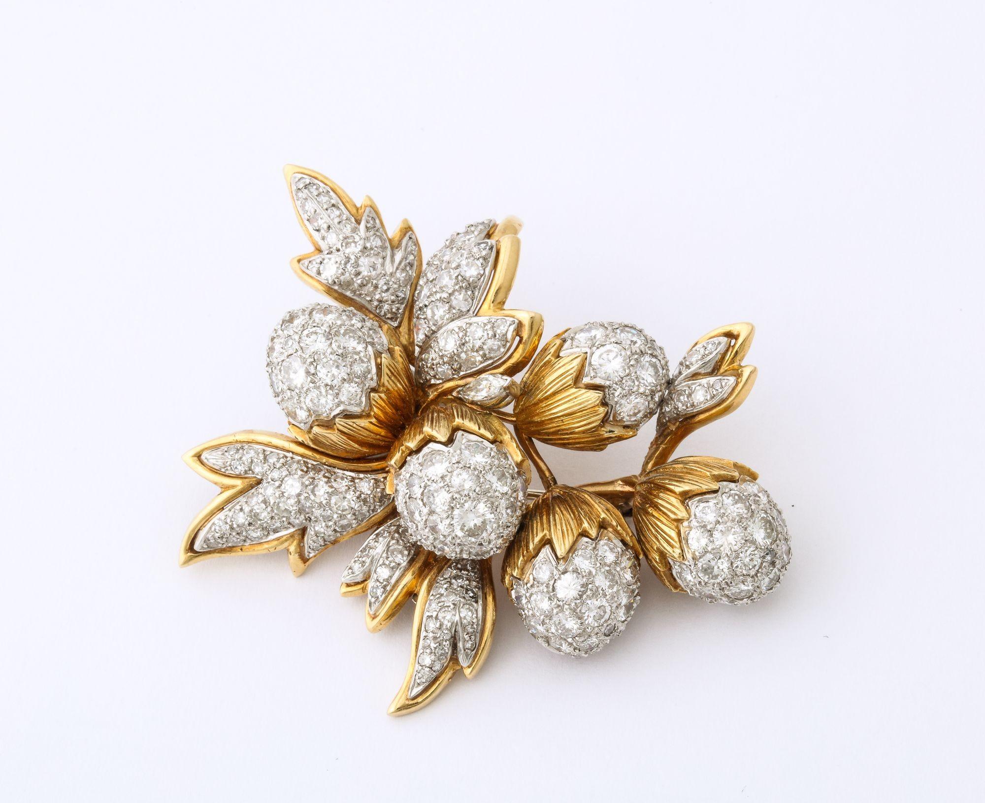 Old European Cut 18K Gold and Platinum Brooch with Diamond Acorns and Leaves