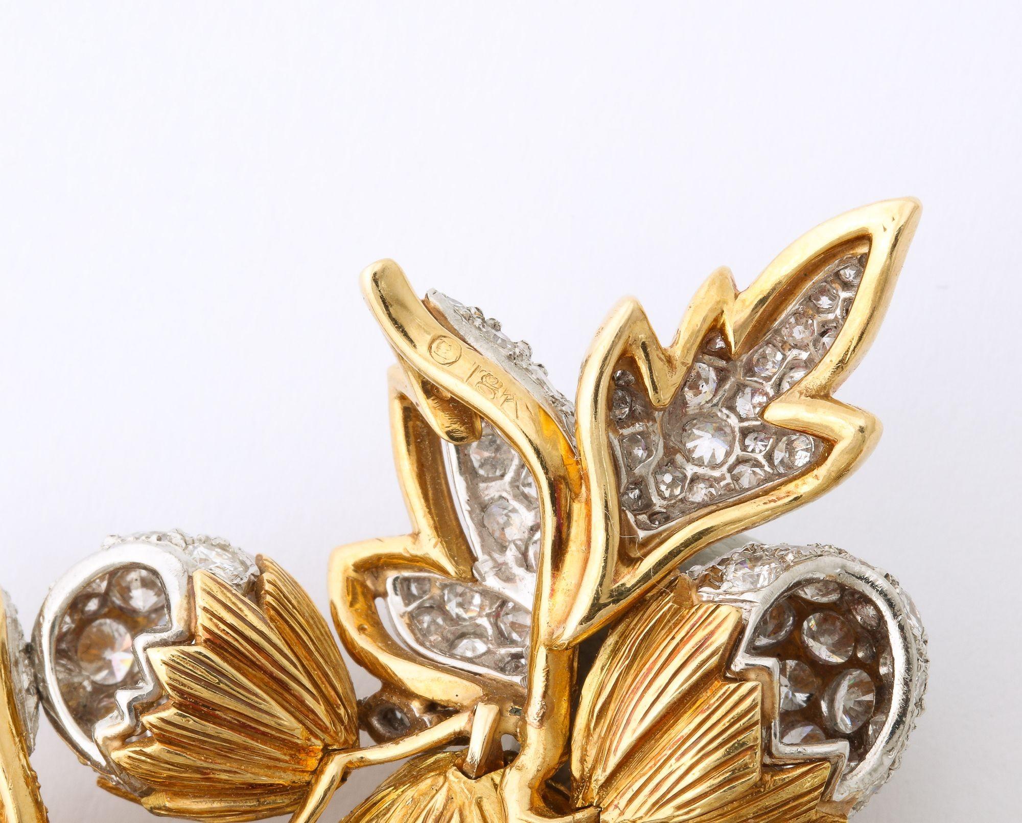 Women's or Men's 18K Gold and Platinum Brooch with Diamond Acorns and Leaves