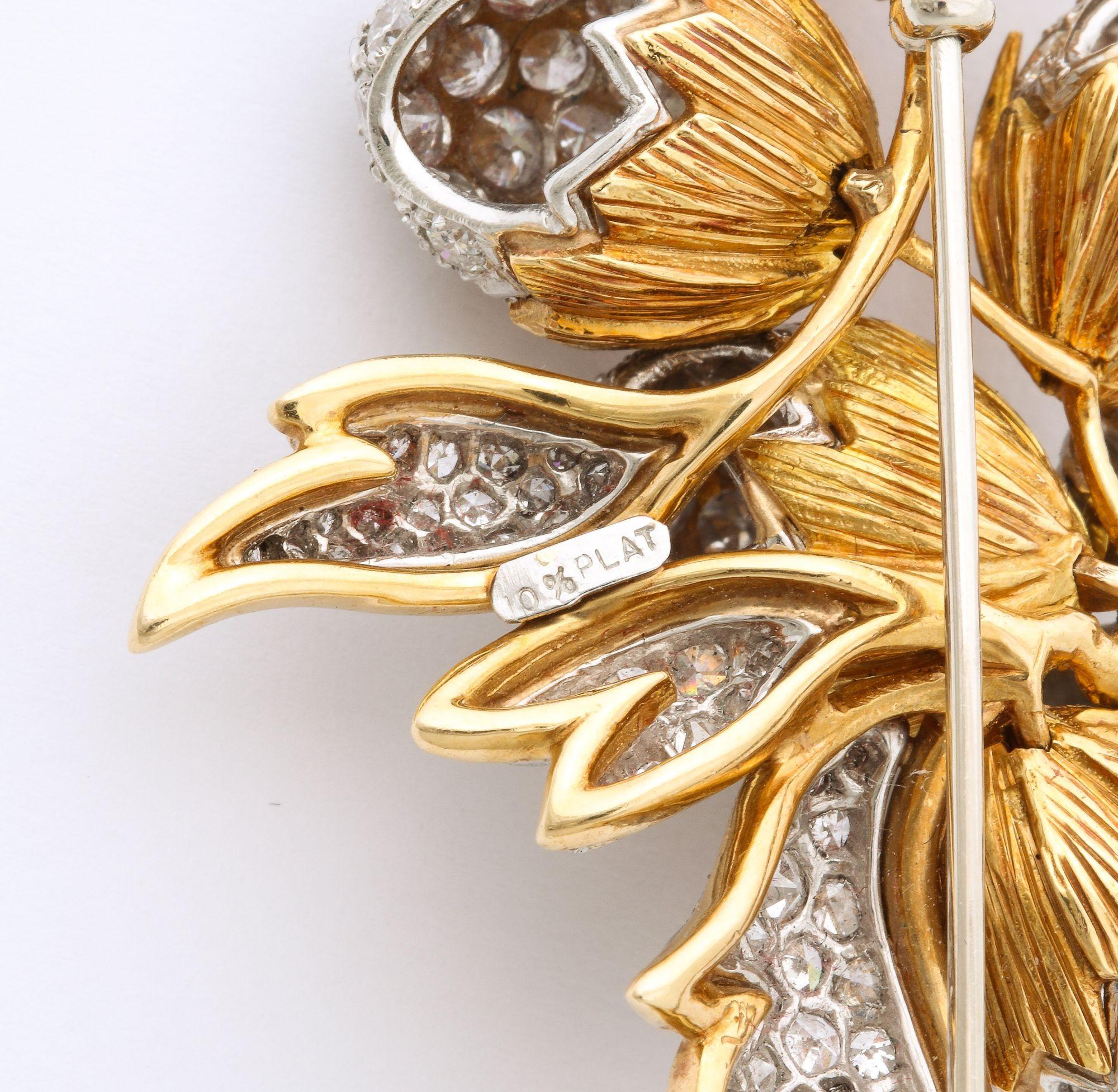 18K Gold and Platinum Brooch with Diamond Acorns and Leaves 1