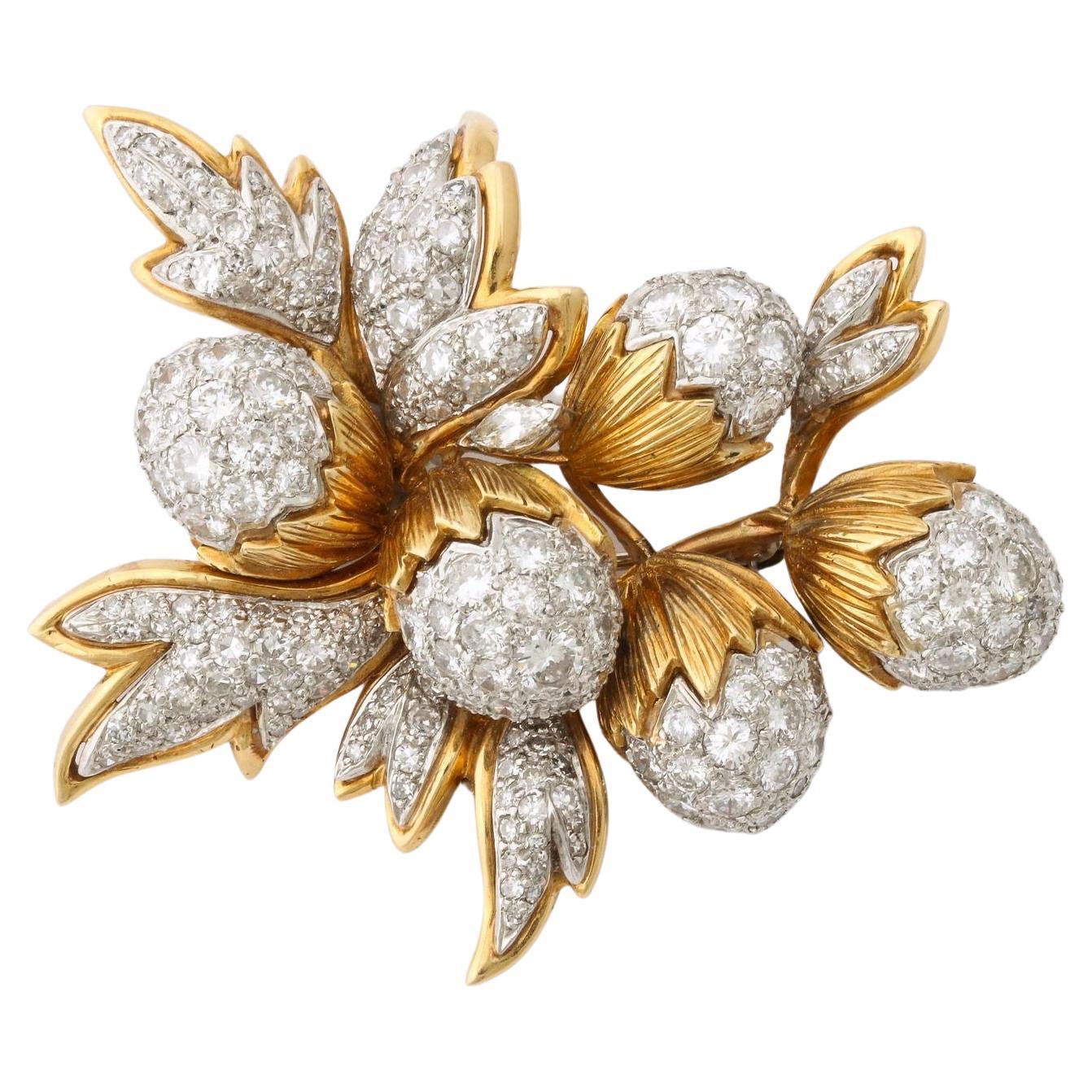 18K Gold and Platinum Brooch with Diamond Acorns and Leaves