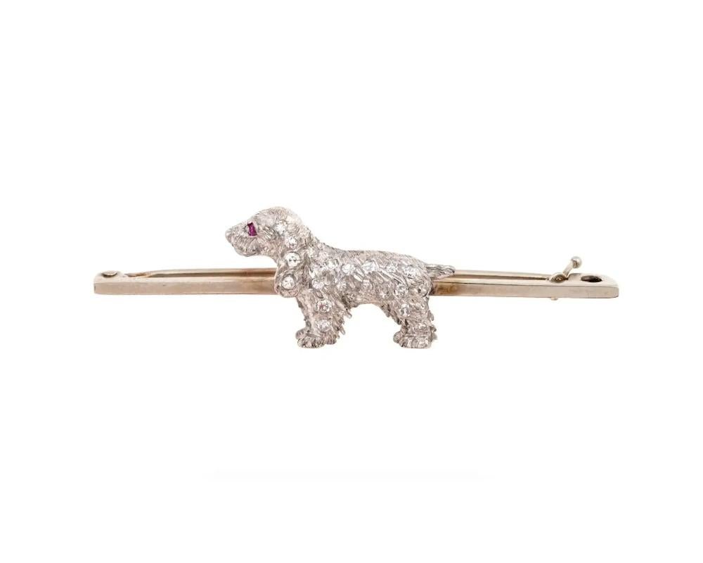 Round Cut 18K Gold And Platinum Diamond Dog Pin Brooch For Sale