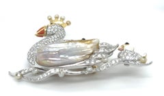 18k Gold and Platinum Freshwater Pearl, Diamond, Enamel Swan Family Brooch