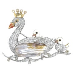 18k Gold and Platinum Freshwater Pearl, Diamond, Enamel Swan Family Brooch