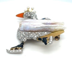 18k Gold and Platinum Mississippi River Pearl Diamond Ice Skating Swan Brooch