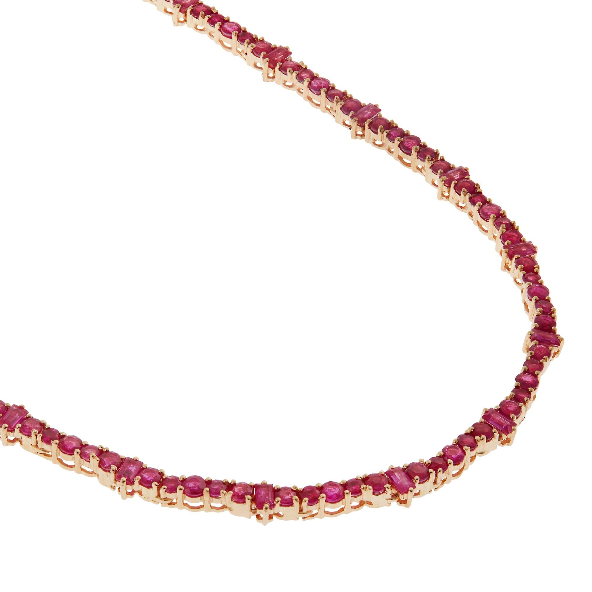 Baguette Cut 18 Karat Gold and Ruby Rivulet Necklace For Sale