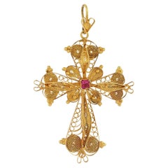 18k Gold and Ruby Vintage Filigree Large Cross Pendant