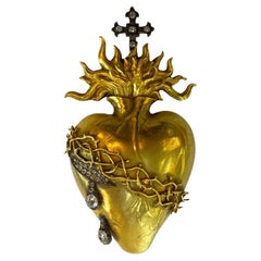 Gold Sacred Heart Necklace Pendant with Russian Diamonds