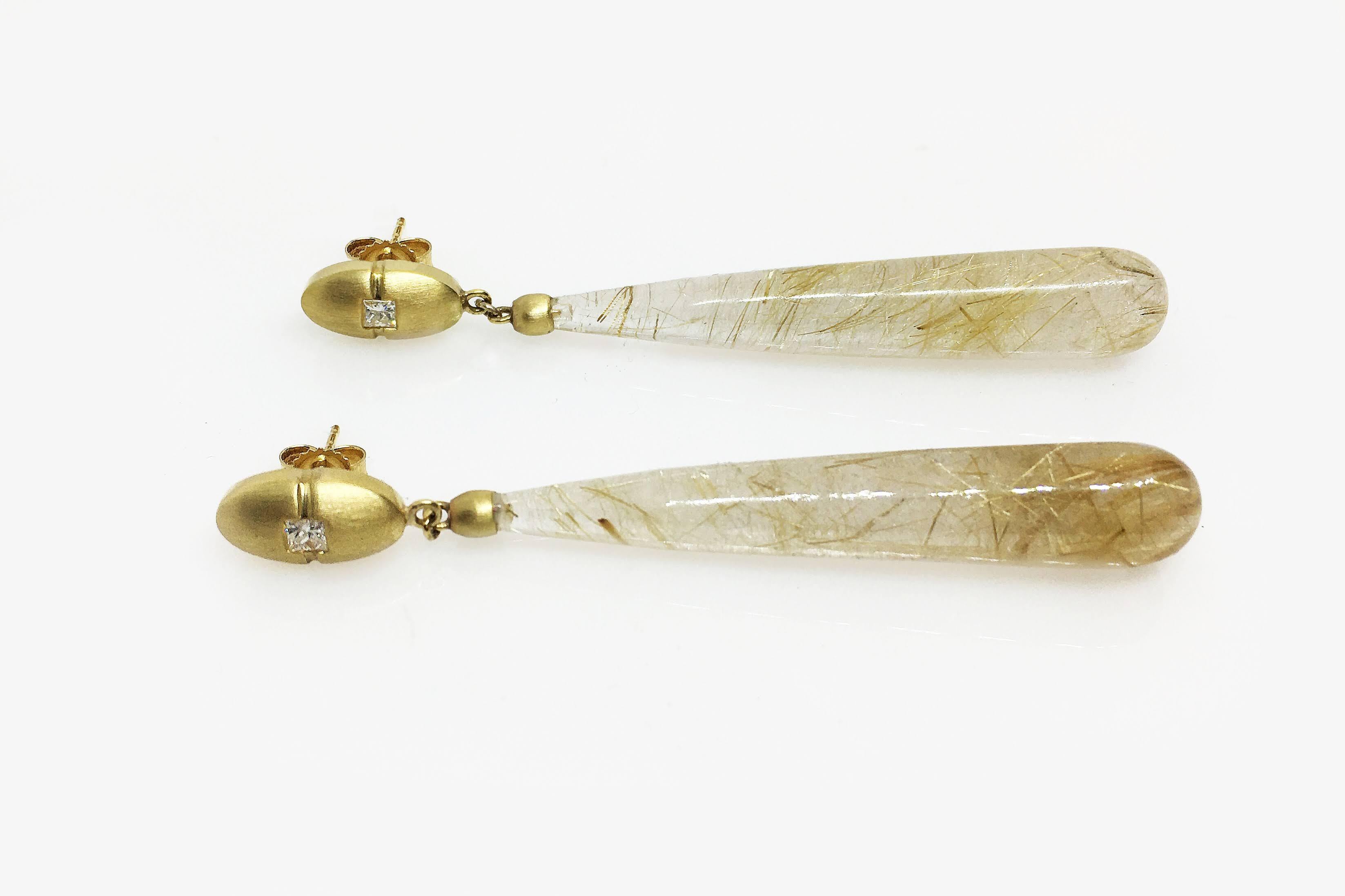 Contemporary 18k Gold and Rutilated Quartz Drop Earrings