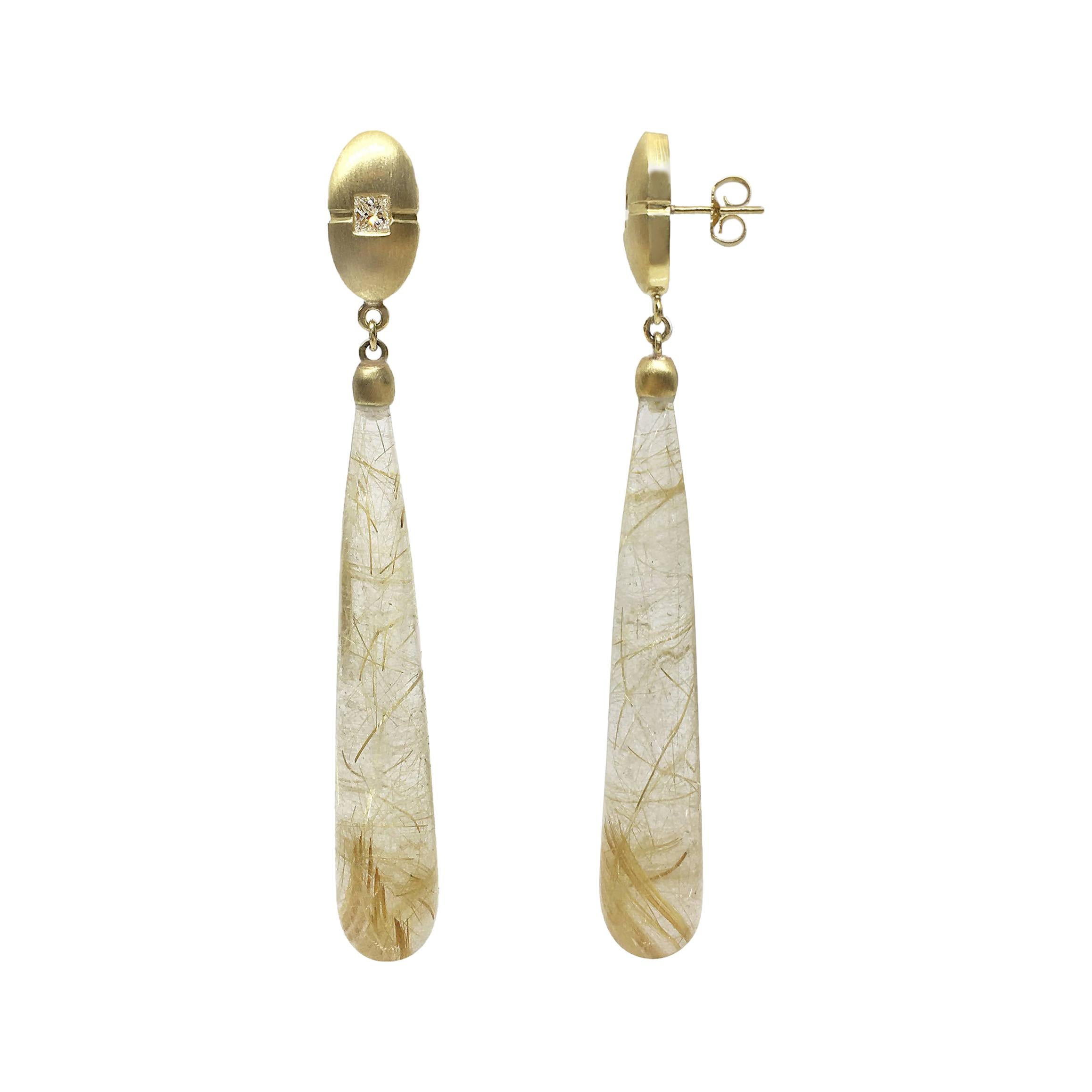 18k Gold and Rutilated Quartz Drop Earrings For Sale