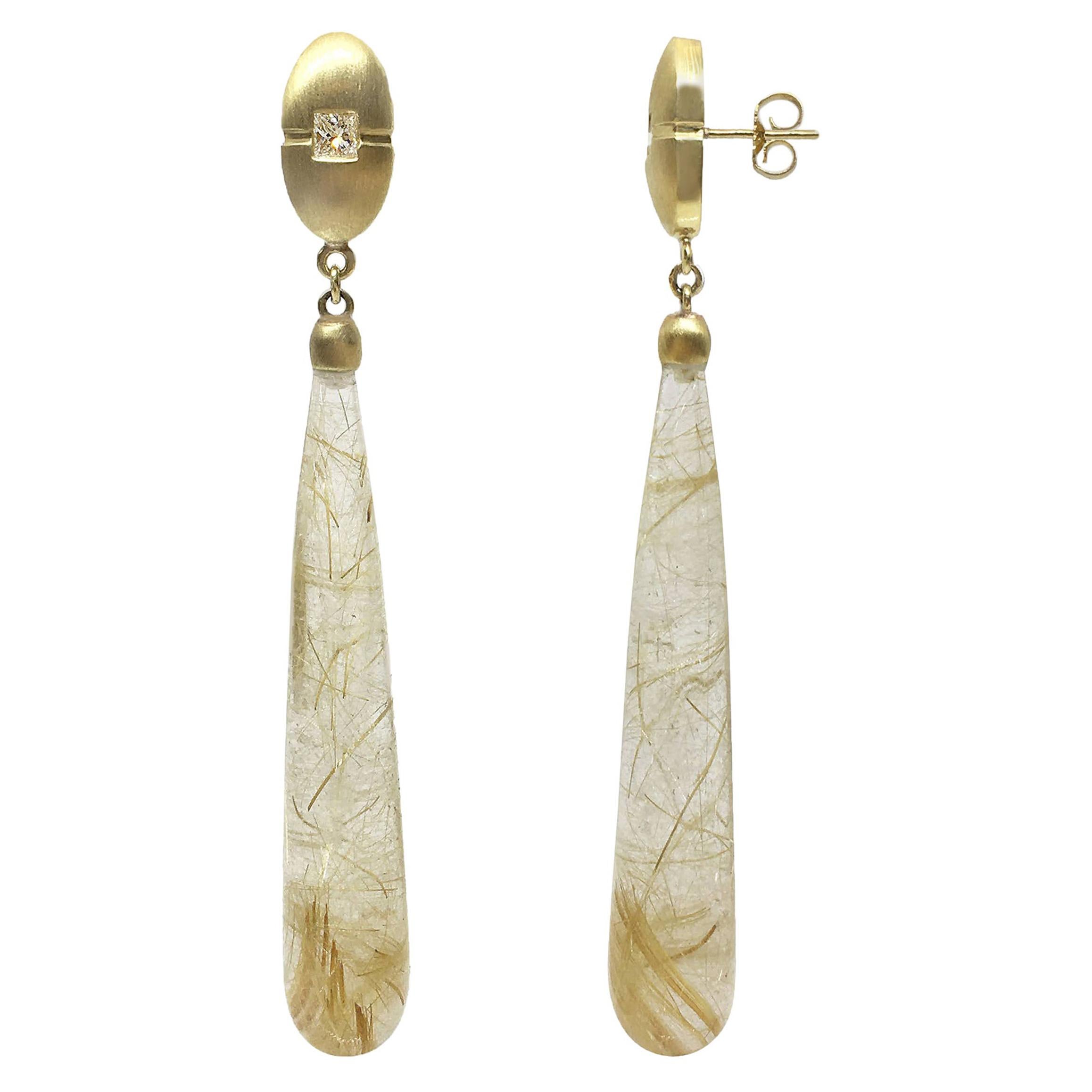18k Gold and Rutilated Quartz Drop Earrings For Sale