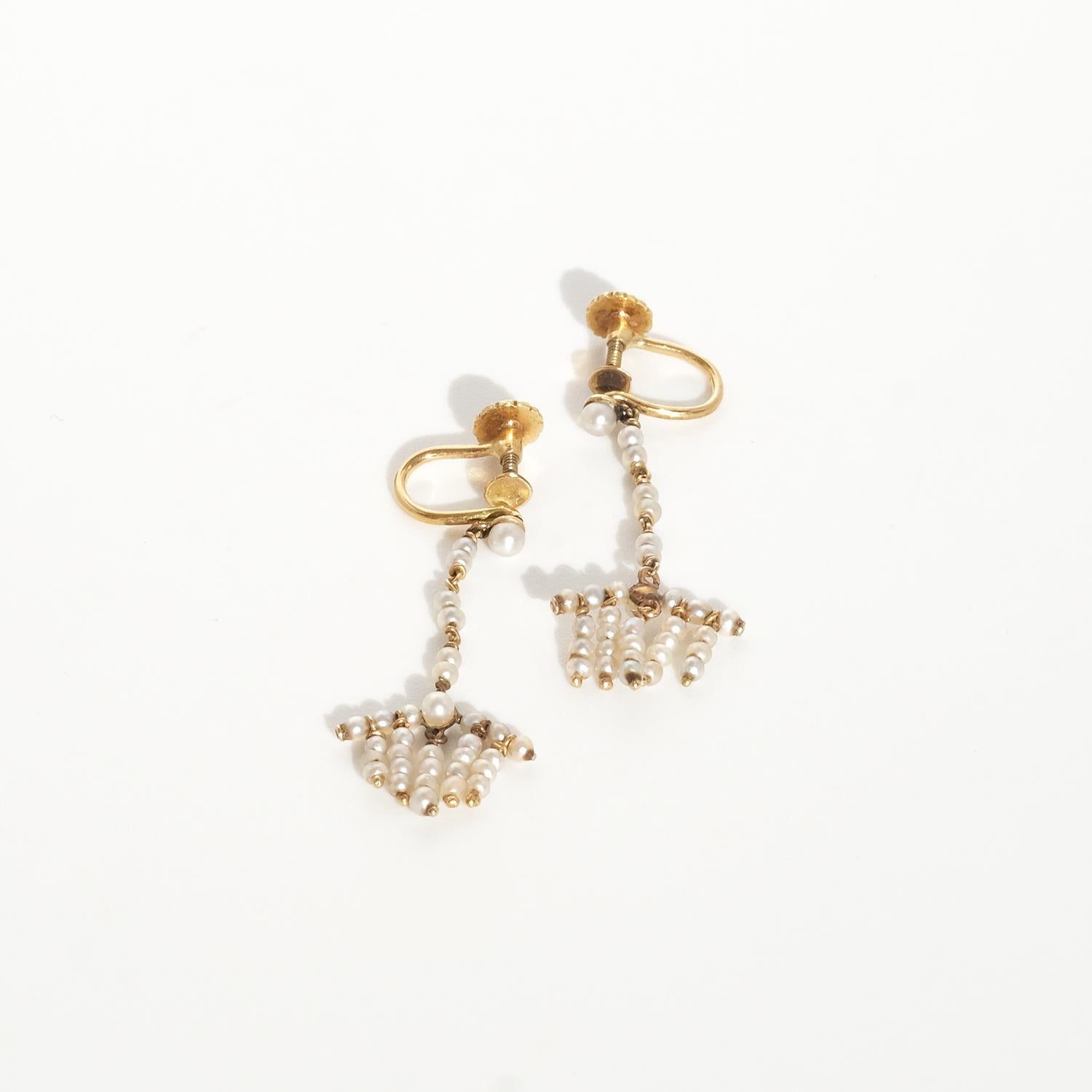 Women's 18K Gold and Seed Pearl Earrings Made 1922 For Sale