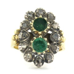 Anello da cocktail in oro e argento 18k con smeraldi e diamanti taglio rosa