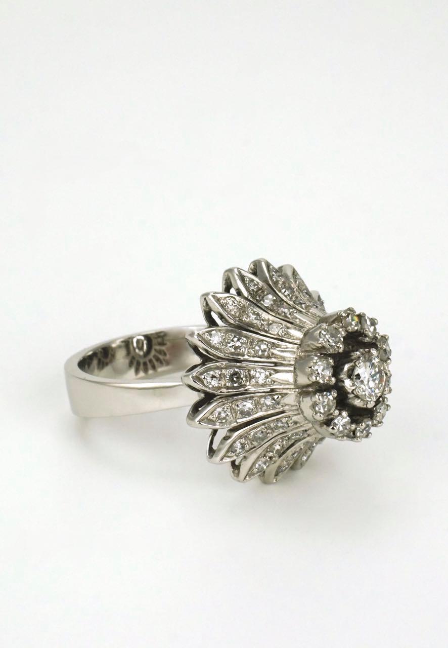Round Cut 18 Karat Gold and Silver Diamond Daisy Flower Ring, 1960s