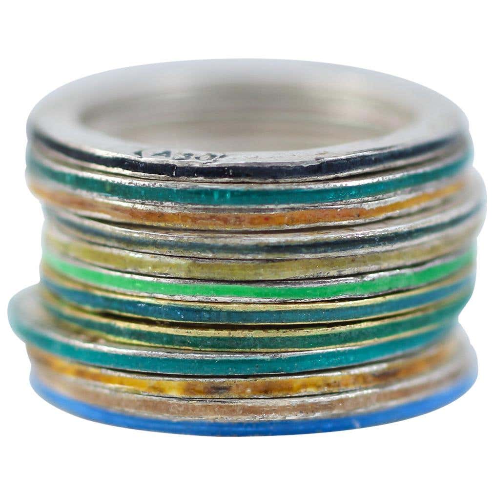 18K Gold and Silver Enamel Rings Stack Bridal Anniversary or Fashion ...