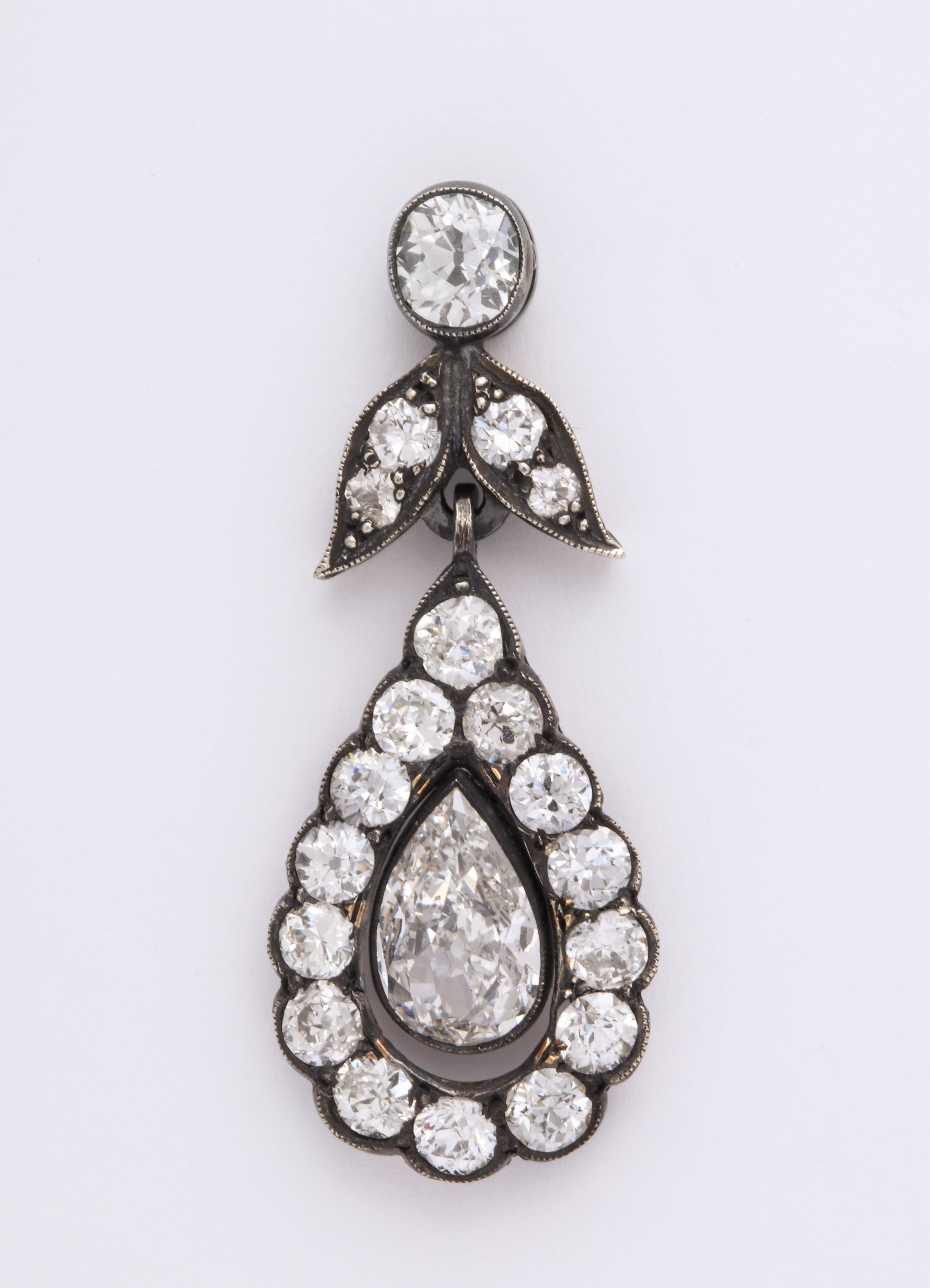 Women's or Men's 18 Karat Gold and Silver Georgian Era Diamond Pendant Earrings For Sale