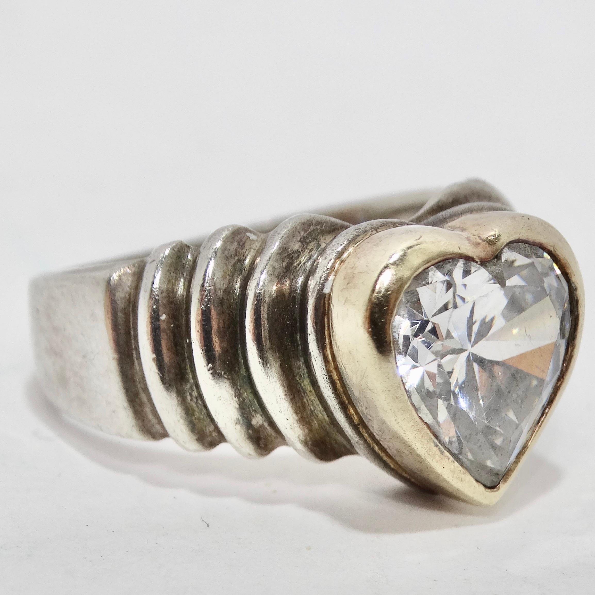 18K Gold and Silver Rhinestone Heart Ring In Good Condition In Scottsdale, AZ