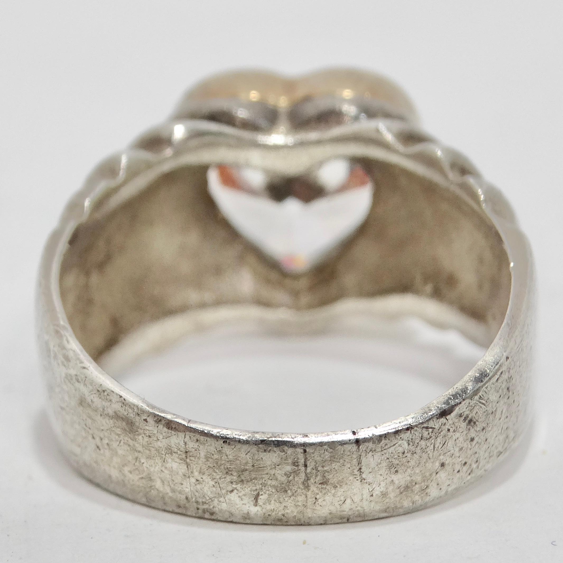 Women's or Men's 18K Gold and Silver Rhinestone Heart Ring
