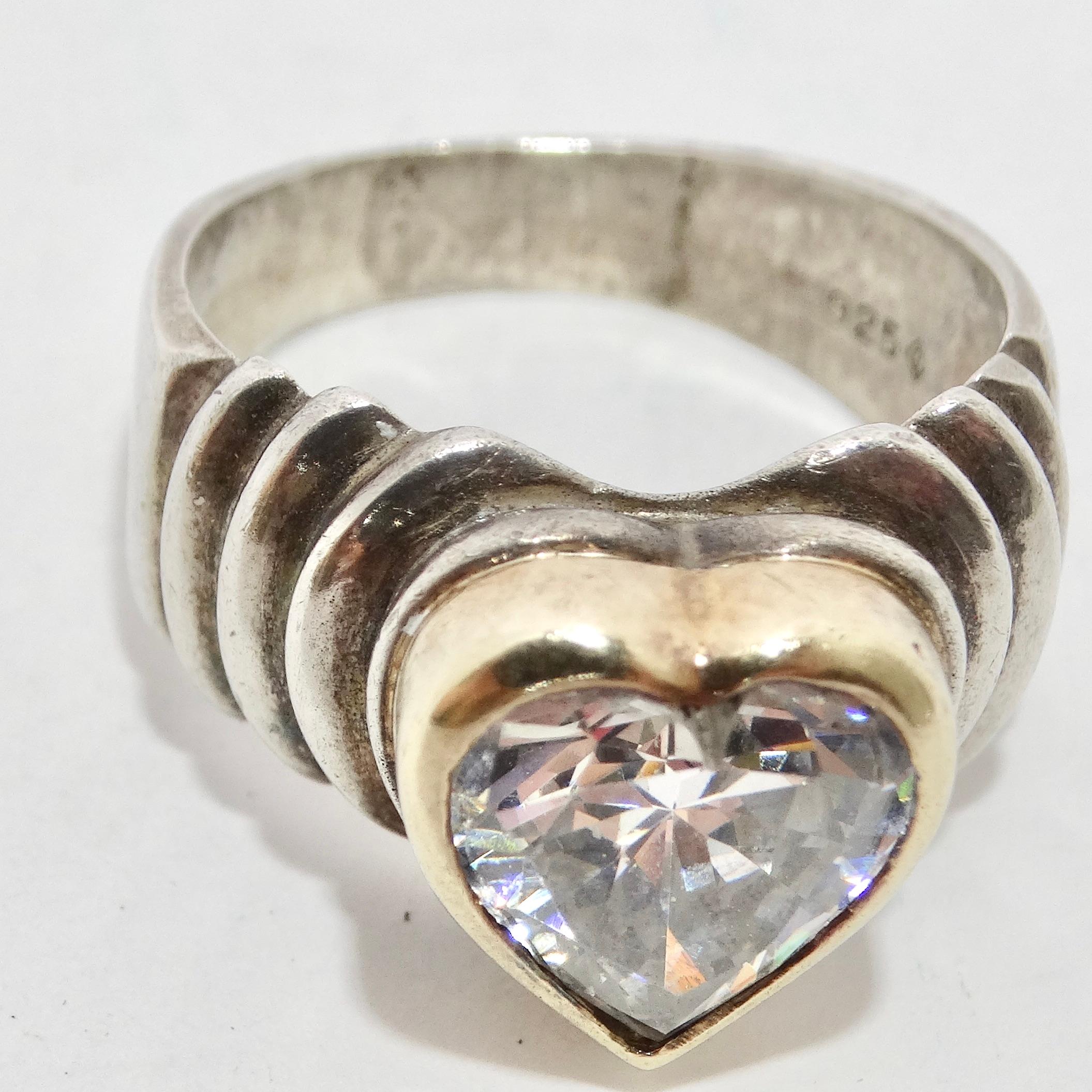18K Gold and Silver Rhinestone Heart Ring 3