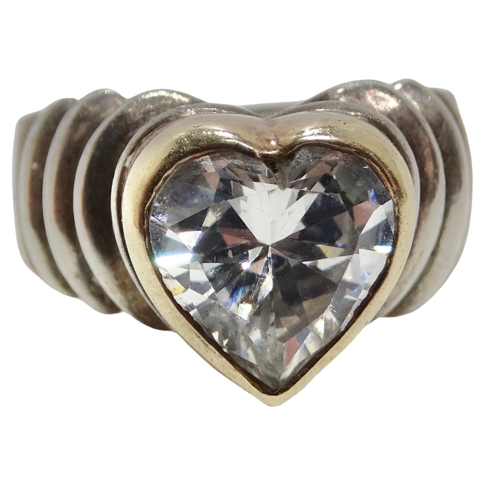 18K Gold and Silver Rhinestone Heart Ring