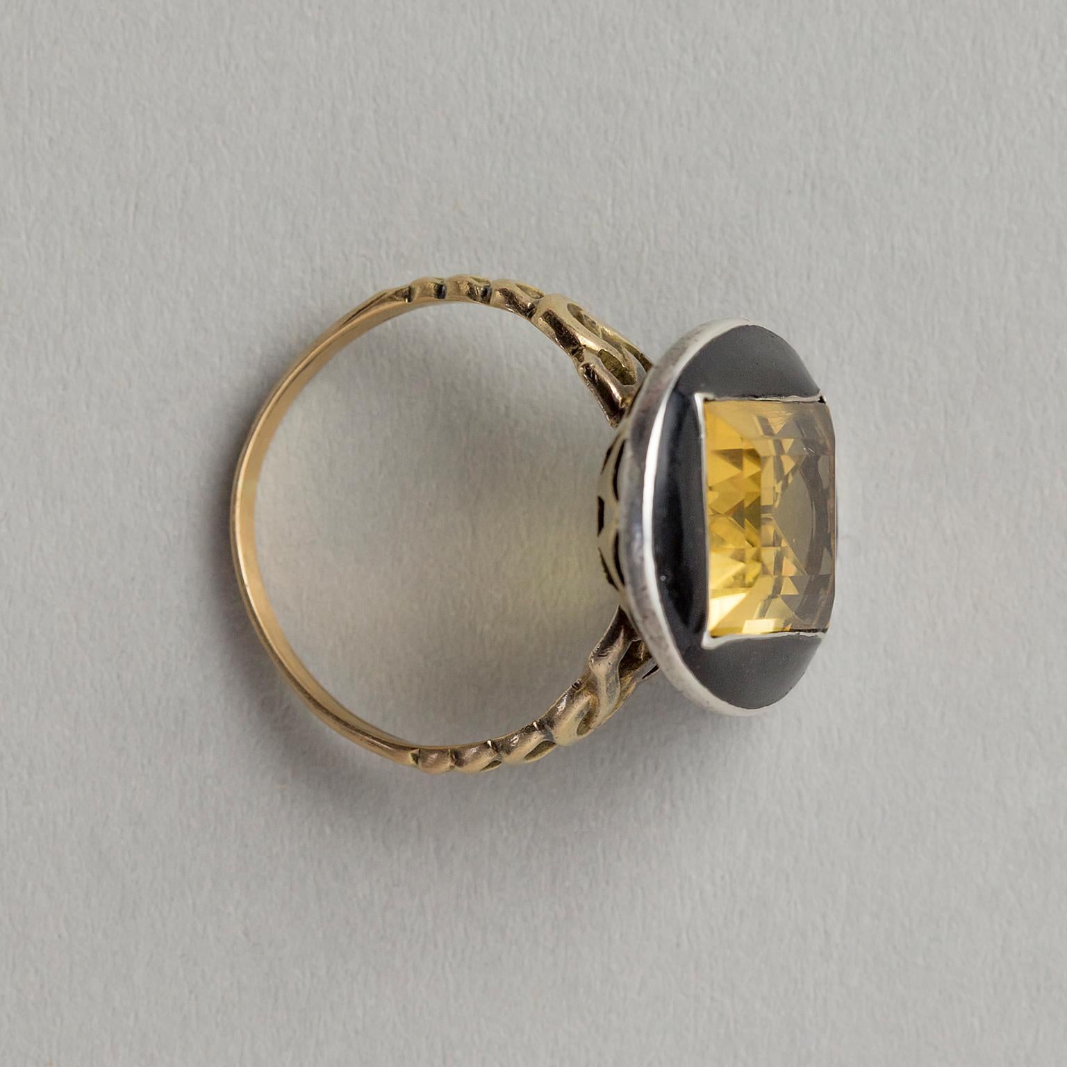 Baguette Cut 18K Gold and Silver Ring with Black Enamel and a Citrine