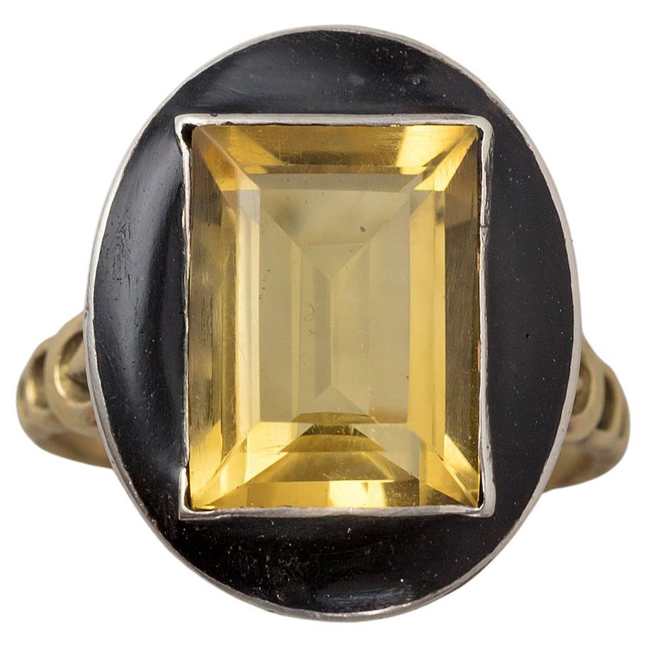 18K Gold and Silver Ring with Black Enamel and a Citrine