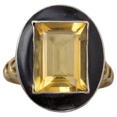 Antique 18K Gold and Silver Ring with Black Enamel and a Citrine